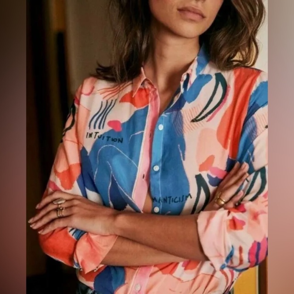 Sezane Pierro Shirt Blue Woman Print Femme Silk Size 36 US 4 - Picture 2 of 10